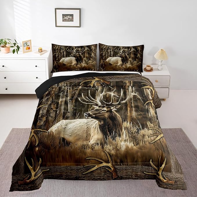 Erosebridal Rustic Deer Comforter Set for Cabin Lodge Vintage Elk Moose Antlers Bedding Set Twin Size Farmhouse Woodland Quilt Hunting Animal Duvet Insert with 1 Pillowcase Home Room Decor - Image 3