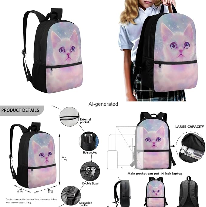 Aesthetic Galaxy Cat Backpack for School Girls Backpack with Lunch Box Water Bottle Bag and Large Pencil Case 4PCS Set 17" Bookbag with Front Pocket Lightweight School Bag for Kids Elementary - Image 3