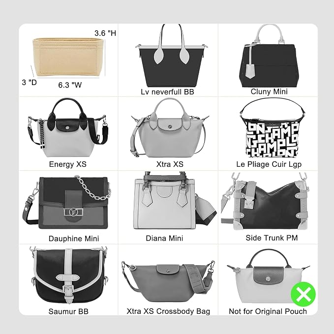 Purse Organizer Insert, Felt Zipper Small Tote Handbag Organizer Compatible with neverfull BB, mini anjou, energy xs and More,Beige/XS - Image 3
