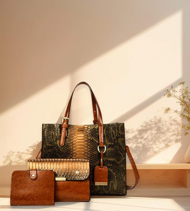 KingTo Women's Crocodile Pattern Satchel Handbags Stylish Tote Handbags crocodile purses for women 3 Pcs Set (B-blue) - Image 3