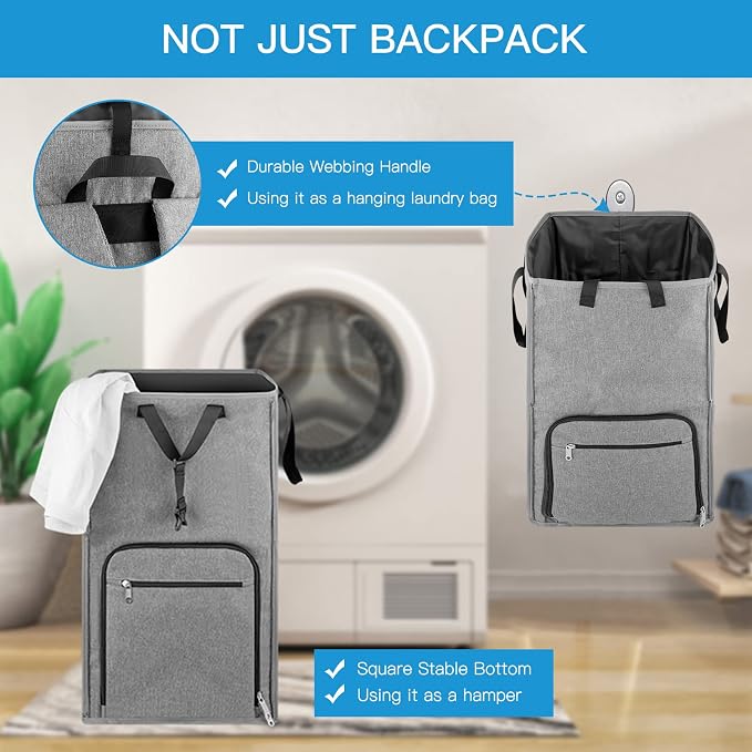 Laundry Backpack Bag, Bukere Extra Large 2 in 1 Laundry Hamper Basket for College Students Dorm Essentials, Adjustable Shoulder Straps, Freestanding Laundry Bag - Image 4