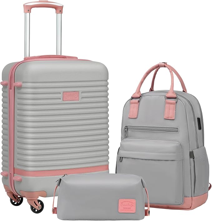 Coolife Suitcase Set 3 Piece Luggage Set Carry On Travel Luggage TSA Lock Spinner Wheels Hardshell Lightweight Luggage Set(Gray+Pink, 3 piece set (BP/TB/20)) | 360° Spinner Wheels;Multi-Functional Pockets with USB;Smart Trolley Sleeve;Water-Resistant F... by COOLIFE