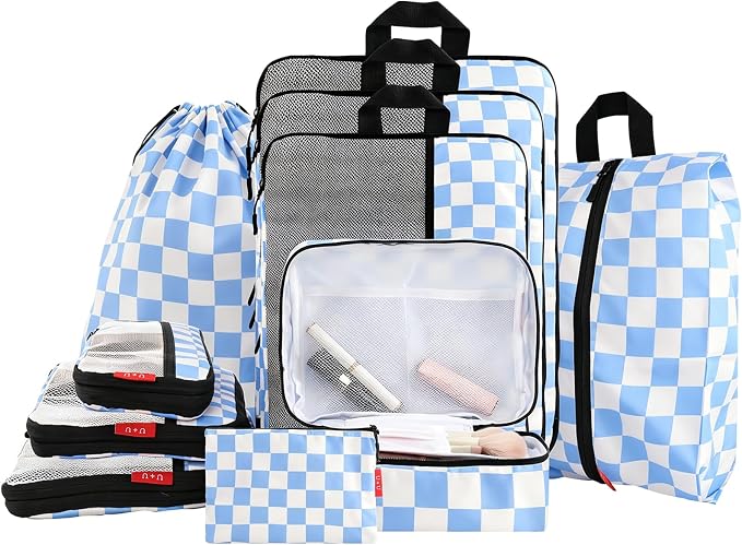 U+U 10 Set Compression Packing Cubes - Ultralight Travel Organizers with Laundry Bag and Cosmetic Bag, Space-Saving Suitcase Organizer for Travel, Business Trip and Family Vacation (Blue Checkered) by UU