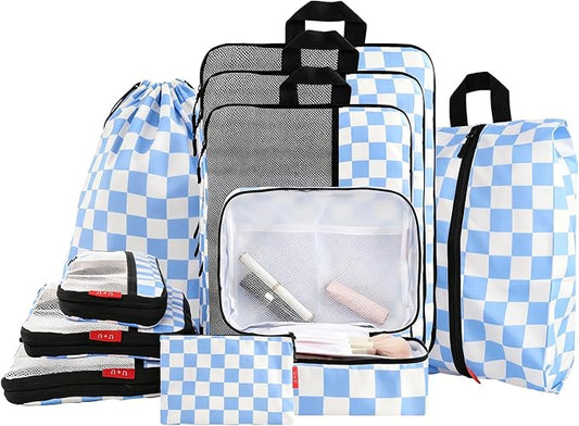 U+U 10 Set Compression Packing Cubes - Ultralight Travel Organizers with Laundry Bag and Cosmetic Bag, Space-Saving Suitcase Organizer for Travel, Business Trip and Family Vacation (Blue Checkered) by UU
