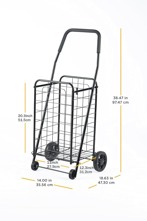 Whitmor Foldable Utility Shopping Cart with Wheels, Heavy Duty Metal Grocery Cart, Portable Foam Handle, Rolling Collapsible Trolley for Groceries, Laundry, Storage, Black - Image 3