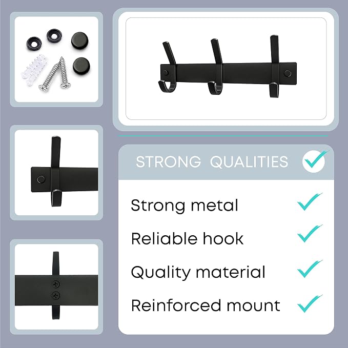Coat Rack Wall Mount – 9 Inch Stainless Steel Small Hook Rail with 3 Double Coat Hooks for Hanging – Wall Mounted Entryway Organizer for Coats, Hats, Bags, Towels, Robes, Bedroom or Bathroom - Black - Image 3