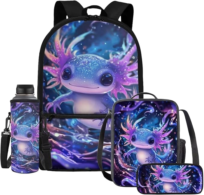 Axolotl Backpack for Girls 8-10 6-8 Children's Back to School Bag with Lunch Box and Pencil Case and Water Bottle Holder 4Pc Travel/Camping Rucksack 17'' School Bookbag Set by Dremagia