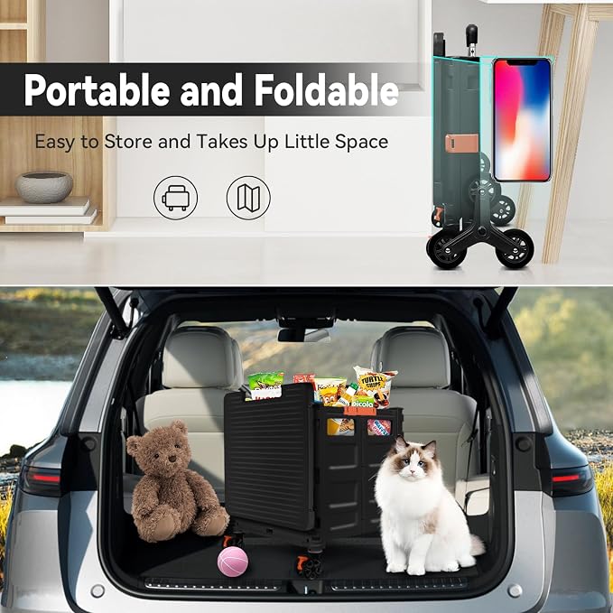 Foldable Utility Cart Portable Crate Rolling Dolly with Telescopic Handle,Can be Pulled diagonally, Magnetic Retractable Lid, 360°Swivel Climbing Wheels for Shopping Carrying Groceries Move Black - Image 7