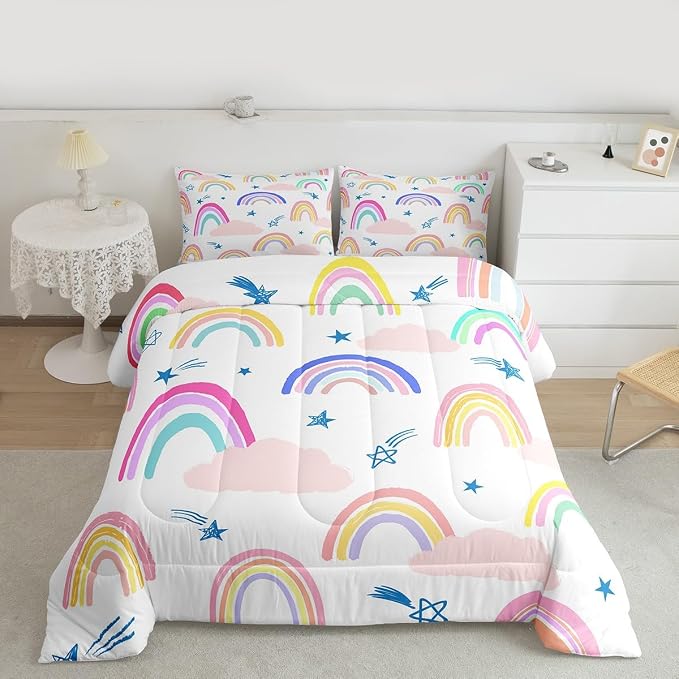 Rainbow Comforter Set For Girls Kids, Cartoon Sun Cloud Quilt Kawaii Room Decor Twin Size, Girly Iridescent Stripes Duvet Insert Hand Drawn Down Comforter 2 Pieces With 1 Pillow Case, Colorful - Image 3