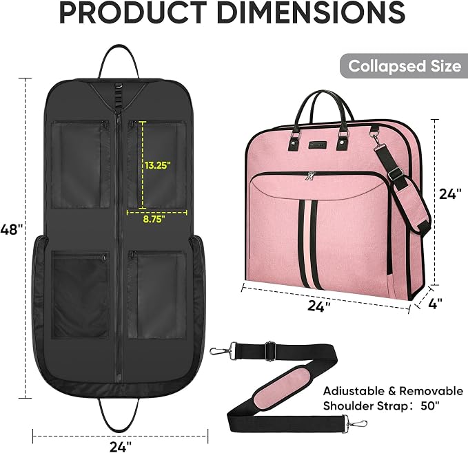 BALEINE Travel Garment Bag, Travel Suit Bag for Men, Water Resistant Carry on Garment Bag for Hanging Clothes, Garment Duffel Bag for Travel Business (Pink, 48") - Image 3