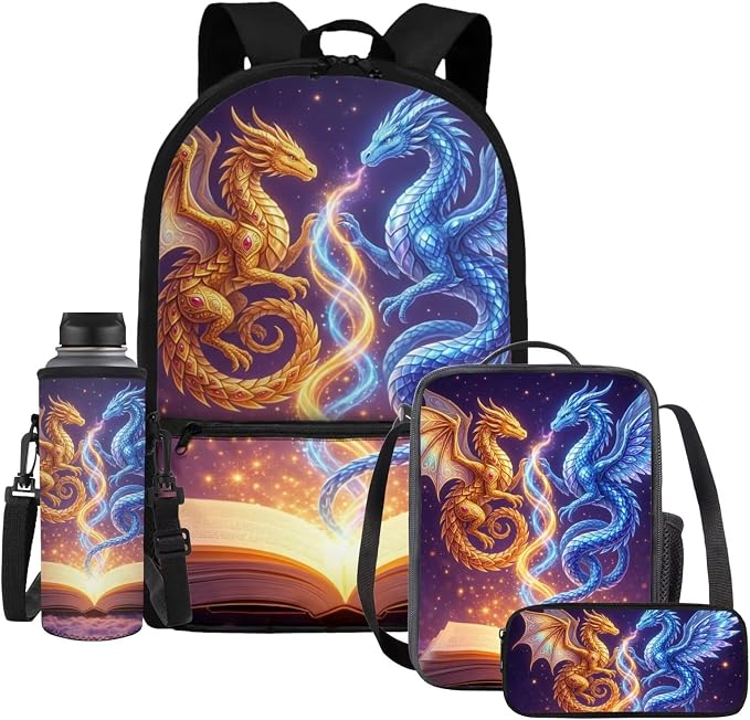 4Pcs Dragon Book School Backpack and Lunch Box for Boys, 17 Inch Large Bookbag with Pencil Case Water Bottle Holder Kindergarten Elementary Back to School Bag with Adjustable Padded Strap by Dremagia