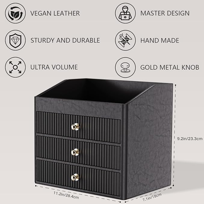 LADSTAG Cosmetic Organizer,Luxury Make up Organizer with 3 shelf Drawers,Black Large Capacity Makeup Organizers for Skincare,Brushes, Dresser,Bedroom,Bathroom,Birthday Gifts for Mom - Image 4