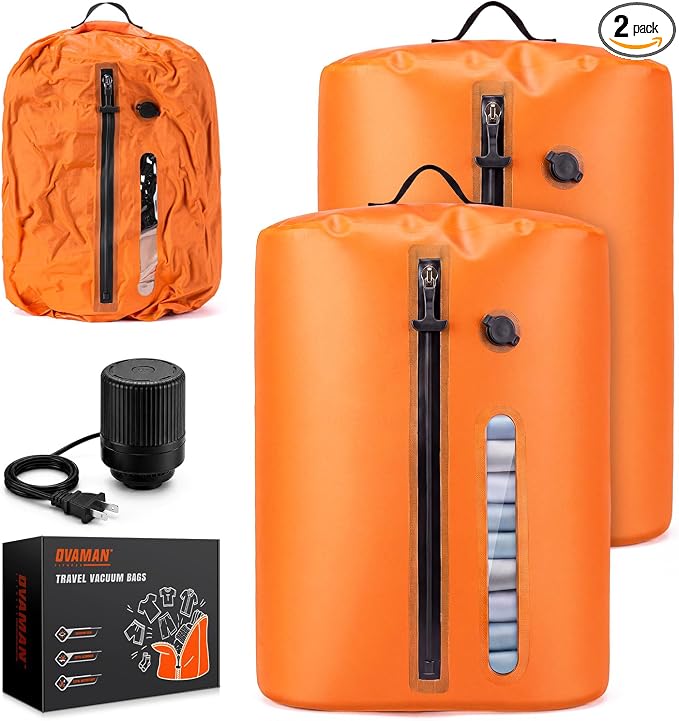 Vacuum Travel Bags With 5500Pa Wired Pump, Vacuum Luggage Bags for Clothes, Compression Bags for Travel, IP68 Waterproof Space Saver Packing Cubes for Suitcase, Backpack & Home Storage (2 Pack + Pump) by OVAMAN