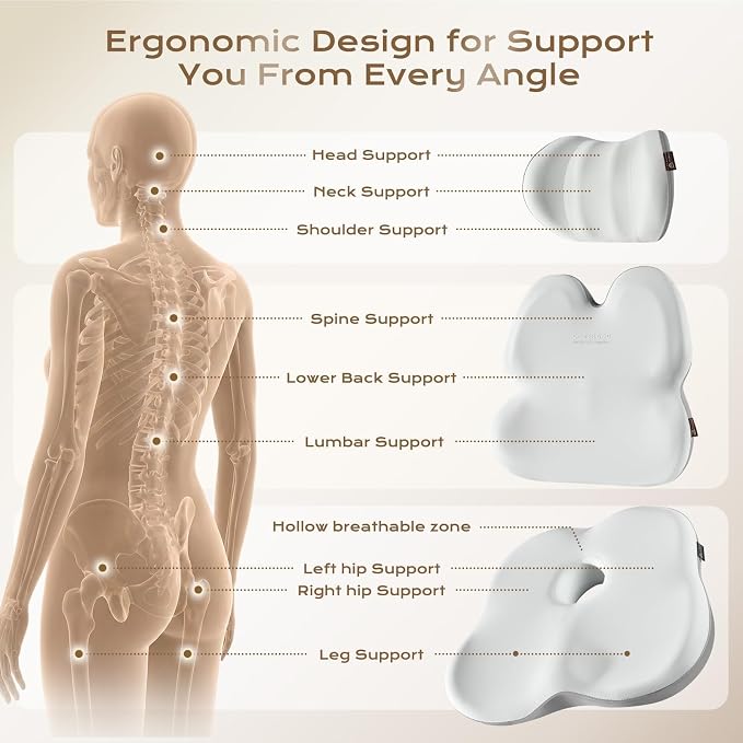 Coverado Car Seat Cushion Back Support Pillow Neck Headrest Pillow, Ergonomic Memory Foam Sciatica & Back & Tailbone Pain Relief Cushion for Office Chair Seat Cushion for Chair Gray&Light Gray - Image 4