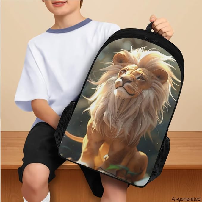 Lion Backpack for Kids Girls Backpack with Lunch Box Water Bottle Pouch and Big Pencil Pouch 4PCS Set Large Bookbag with Compartments 17" Sturdy School Bag for Boys Kids Back to School Gifts - Image 3