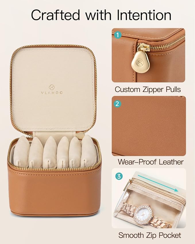 VLANDO Travel Jewelry Case,Valentines Gifts,Small Jewelry Box Organizer,Travel Jewelry Storage with 6 Velvet Jewelry Zipper Pockets, Birthday Gifts for Women Girls (Brown) - Image 4
