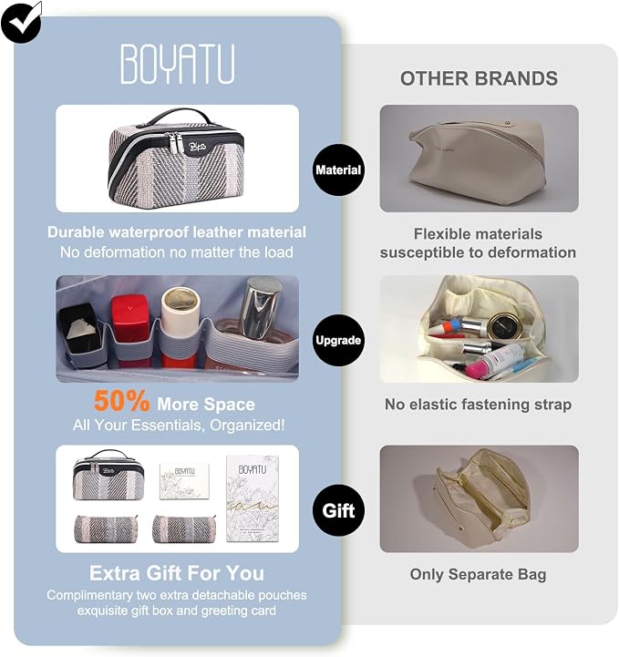 BOYATU Travel Makeup Bag Cosmetic Bag for Women: 3 Pcs Set Make up Bag with Compartments - Waterproof Vegan Leather Toiletry Bags with Handle - Makeup Organizer for Travel Essentials(C-4-Black) - Image 3