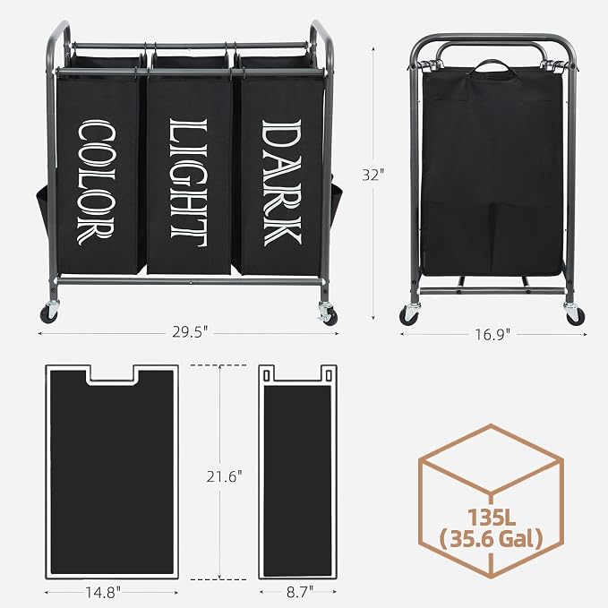 STORAGE MANIAC 3 Section Laundry Sorter, 35.6 Gal (135 L) Laundry Hamper Cart with Heavy Duty Rolling Lockable Wheels and Removable Bags, Clothes Organizer Basket Separator Hamper, Label Black - Image 3