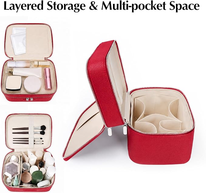 Makeup Case,Leather Double Layer Makeup Bag Duo,Large Portable Travel Toiletry Case Cosmetic Organizer for Women - Image 4