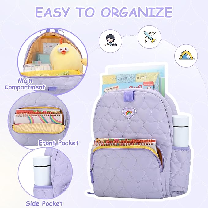 Chase Chic Toddler Backpack for Girls, Puffer Cute Lightweight Preschool Backpack with Lunch Box Set for Daycare Travel Kids Age 3-6,Purple Heart - Image 4