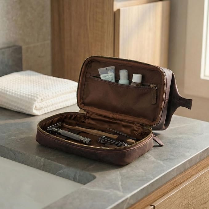 LEATHER VILLAGE Genuine Leather Dopp Kit – Large Travel Toiletry Bag with Waterproof Lining, Dual-Zip Design for Men & Women, Organizer for Shaving, Makeup & Essentials - Cherry - Image 7