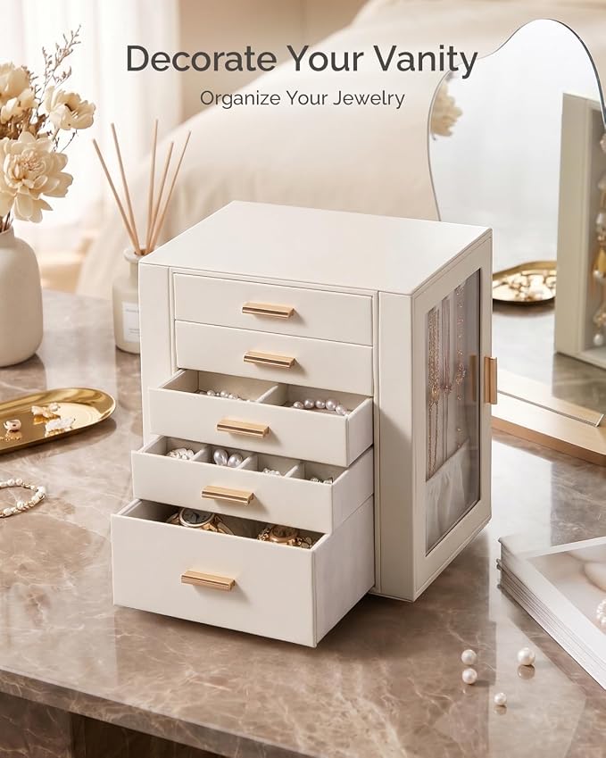 CASEGRACE 360° Rotating Jewelry Box Organizer, Jewelry Storage with 5 Drawers, Clear Window, Jewelry Display Case for Bracelets, Necklaces, Earrings, Rings, White - Image 6