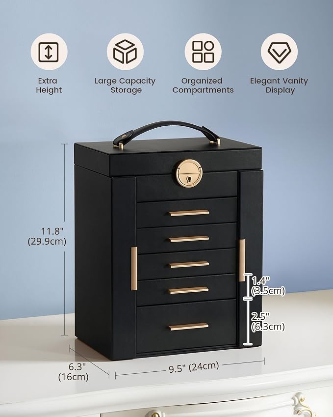 Lolalet Large Jewelry Box Organizer for Women, 6-Layer Jewelry Organizers and Storage Case with Mirror & 5 Drawers, Lockable Watch Ring Earring Bracelet Necklace Holder Girls Gift -6Layer, Black - Image 3
