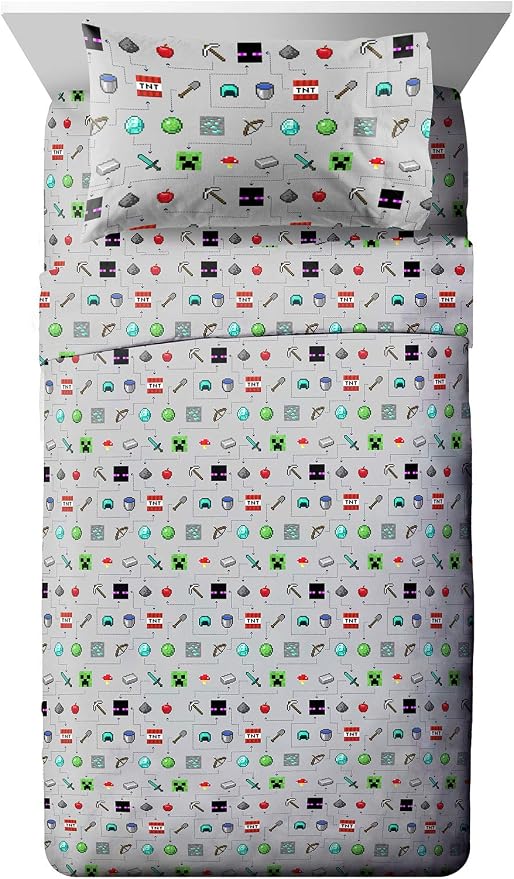 Jay Franco Kids Sheet Set with Fitted, Flat Sheets & Pillow Cover - Ultra-Soft Bedding with Pillowcase for Room Decor, Gray - Minecraft, 3 Piece Twin by JayFranco