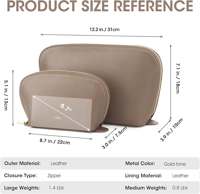 Kattee Leather Makeup Bag, Travel Cosmetic Bag Set, Toiletry Bag Organizer for Women, 1-PACK, Medium, Khaki - Image 5