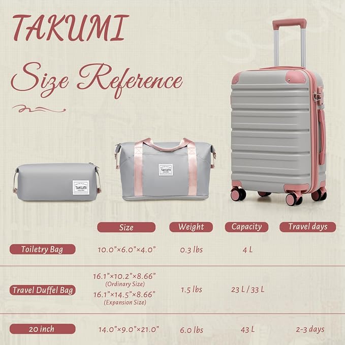 TAKUMI Carry On Luggage Set 3 Piece ABS+PC Hardshell Suitcases with Duffel Bag Double Spinner Wheels Travel Luggage with TSA Lock Lightweight Suitcase Set(GREY PINK, 3 PIECE SET(20/DB/TB)) - Image 7