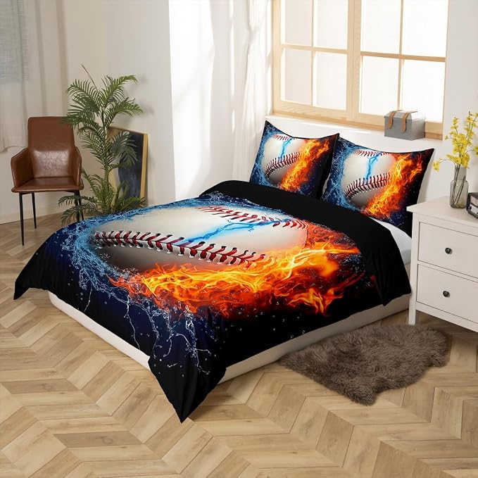 Baseball Duvet Cover Full Size Sports Theme Bedding Set Kids Teens Boys Fire and Ice Sports Baseball Comforter Cover with Zipper,Decoration 3 Pcs Bedding Set (1 Duvet Cover +2 Pillowcases) Red Blue - Image 5