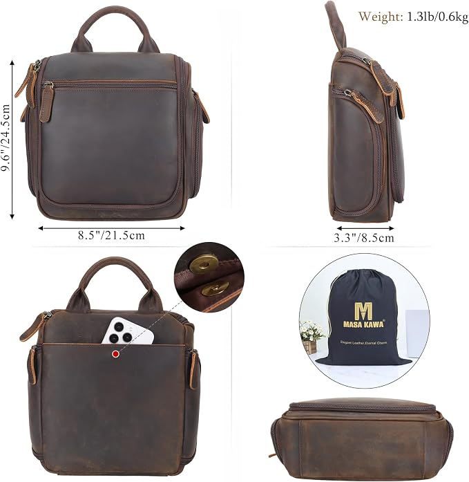 Masa Kawa Leather Hanging Travel Toiletry Bag for Men Portable Expandable Camping Cosmetics Makeup Toiletries Organizer Vintage Bathroom Shaving Kit Brown Wash Bags - Image 3