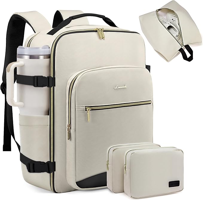 LOVEVOOK 40L Large Travel Backpack for Women Men, 17 Inch Carry on Backpack for Traveling on Airplane, Personal Item Travel Bag Airline Approved, Business Causal Weekender Backpack, Beige-Black by LOVEVOOK
