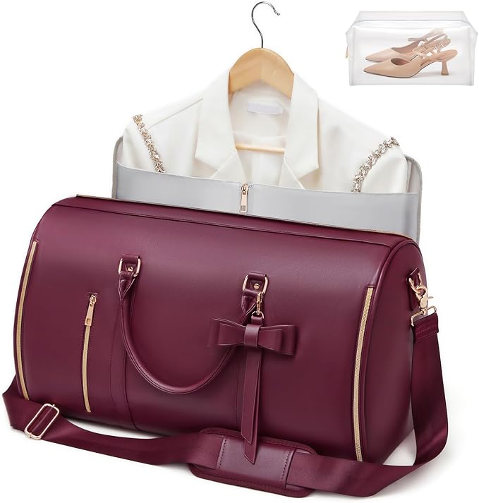Garment Bags for Travel, Convertible Suit Travel Bag for Women, Cute Carry On Garment Bag w/Shoes Pouch, 2 in 1 Foldable PU Leather Hanging Duffle Bag, Single-Zipper Design, Sangria - Image 2