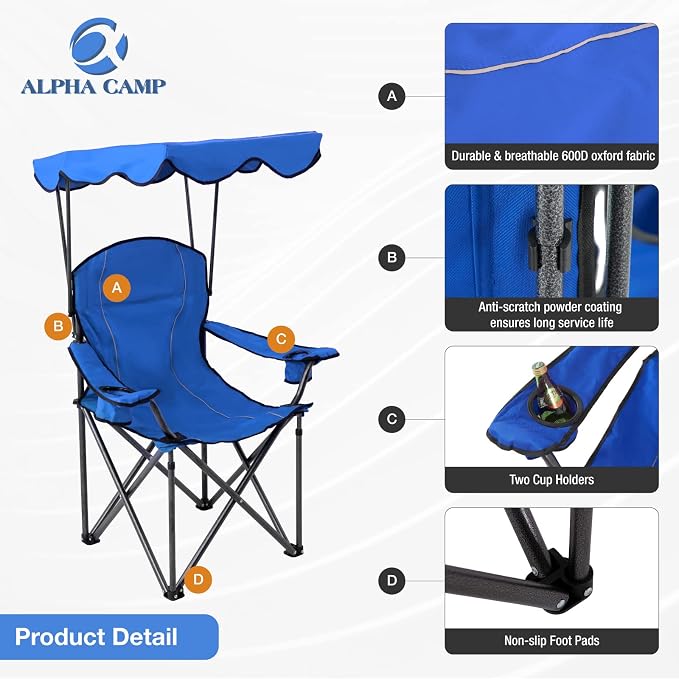 ALPHA CAMP Oversized Camping Chair with Shade Canopy, Folding Lawn Chairs - Image 4
