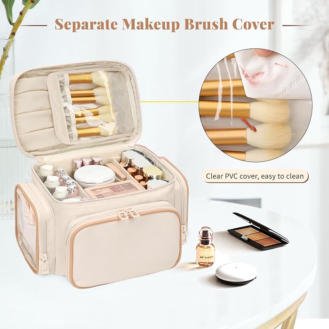 Bagmoly Large Makeup Bag, Portable Travel Makeup Bag Organizer for Women Girls with Makeup Brush Compartment & Two Side Pockets, Cosmetic Travel Bag Vertical Storage Toiletry - White - Image 3
