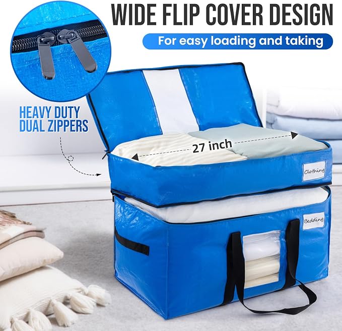 TAILI 2 Tier Extra Large Moving Bags, 2 Pack Blue Heavy Duty Totes For Storage with Visible Window, Wrap Around Handles, Storage Bags for Space Saving, Alternative to Moving Boxes - Image 2