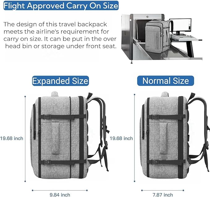 Carry On Backpack, Extra Large 40-50L Travel Backpack for Men & Women, Expandable Backpack For Airplanes, 17 Inch Laptop Backpack, Luggage Suitcase 40L Daypack Lightweight Business Weekender Bag, Grey - Image 4