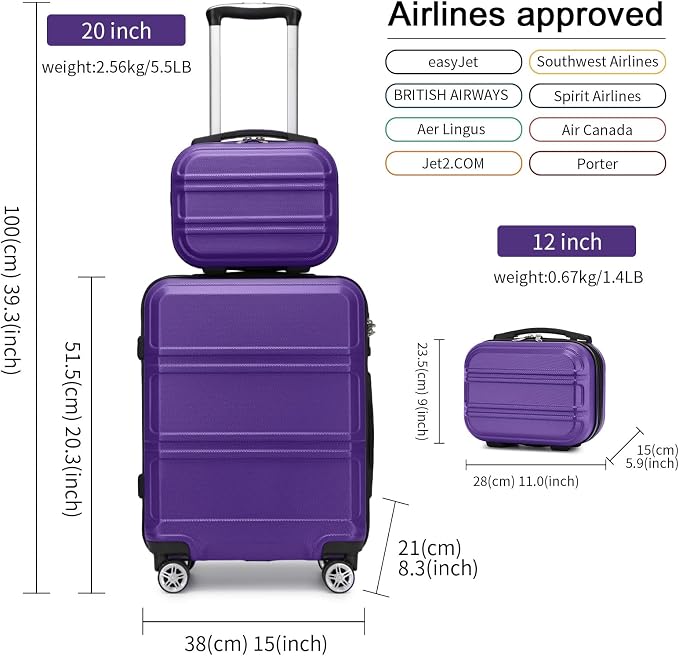 Kono Carry On Luggage Set Airline Approved with Spinner Wheels | Lightweight PC+ABS Carry On Suitcase with TSA Lock Durable Luggage Hardside Purple - Image 3