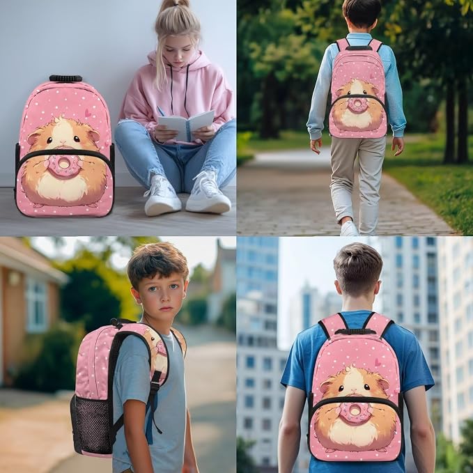 Donut Guinea Pigs Backpacks for Girls Kids Preschool Elementary Backpacks with Reusable Lunch Bag Pencil Case Pouch Water Bottle Carrier Bag 4 Pack Set Pink - Image 3