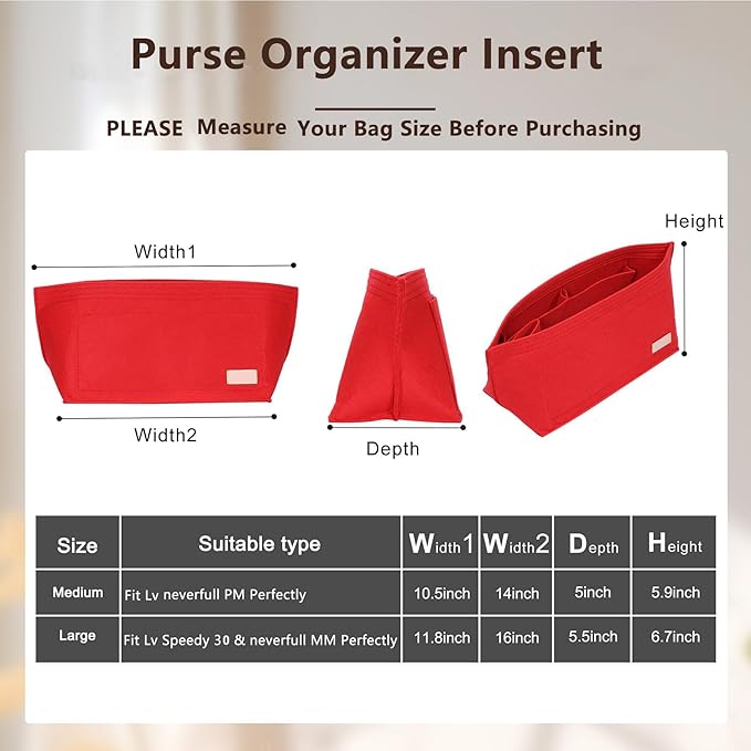Purse Organizer Insert, Felt Zipper Bag Organizer with Base Shaper, Handbag Tote Dividers for Inside Purse Accessories, Compatible with Neverfull PM and More,Red/M - Image 2