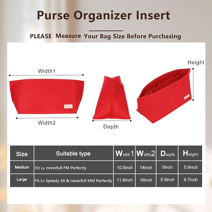 Purse Organizer Insert with Base Shaper,Felt Tote Bag Organizer Insert Compatible with Speedy 30 Neverfull MM and More,Bag Inner Shaper for Luxury Handbags,Red/L - Image 2