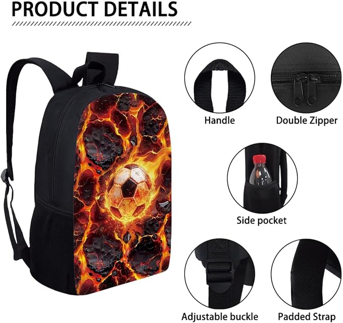 Lava Crack Soccer Ball Print Schoolbag Set, Girls School Large Bookbag Set, Middle Students Backpack with Lunch Box, Boys Knapsack Set Durable, Suitable for School or Travel, Black Red - Image 4