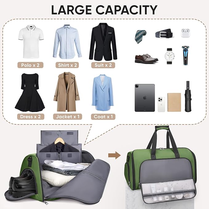 BALEINE Travel Garment Bag, Travel Suit Bag for Men, Water Resistant Carry on Garment Bag for Hanging Clothes, Garment Duffel Bag for Travel Business (Green-Convertible) - Image 5