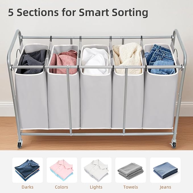 STORAGE MANIAC 5 Section Laundry Sorter, 5 Bins Rolling Separator Laundry Basket, Dirty Clothes Hamper Divider with Heavy Duty Lockable Wheels, Large Clothes Organizer Cart, Gray - Image 5
