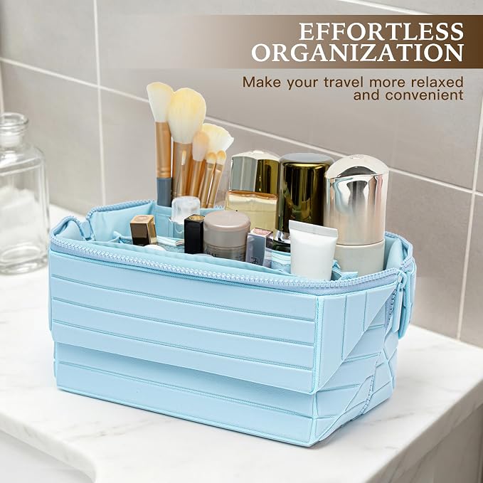 Minoisome Travel Makeup Bag,PU leather toiletry bag,make up organizer case for women,Large Capacity Cosmetic Bag,Wide-open Pouch Purse，Toiletries Accessories，Fold-Down Design and Adjustable Dividers. - Image 3