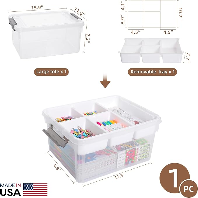 Citylife 17QT Clear Craft Organizers and Storage Box with Removable Tray | Stackable Art Supply Organizer Storage Bins with Lids for Beads, Markers, Sewing, Tools, Playdoh, Coloring Books, Made in USA - Image 2