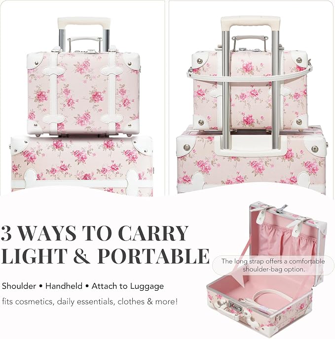 urecity 20" Blush Camellia Vintage Luggage Set 2 Piece, Aluminum Frame Retro Suitcase for Women, Vegan Leather Carry On Trunk with Cosmetic Case, TSA Approved (Include Clear Cover) - Image 8