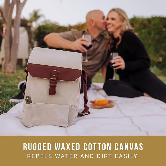 Picnic TIME 2 Bottle Insulated Wine Bag with Cheese Board and Knife Set, Wine Picnic Bag, Natural Waxed Canvas Wine Tote, (White) - Image 3