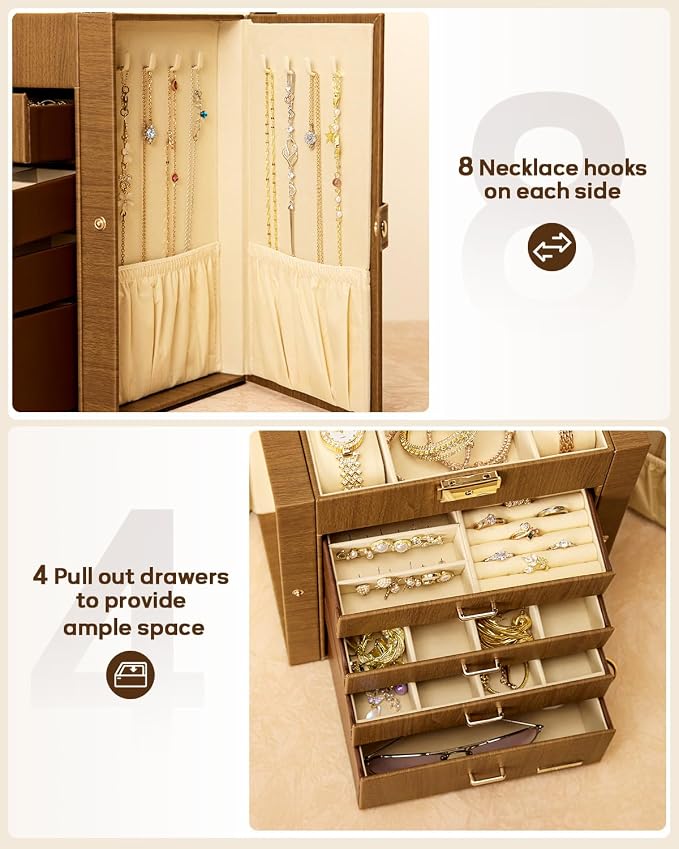 Homde Synthetic Leather Huge Jewelry Box Mirrored Watch Organizer Necklace Ring Earring Storage Lockable Gift Case (Brown + Gold) - Image 5